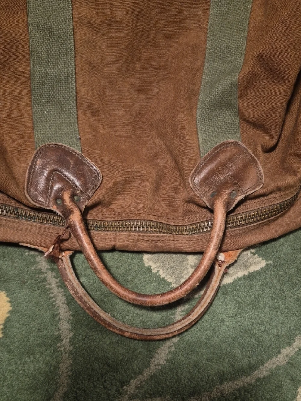 L.L. Bean Brown Canvas Duffel with Green Straps
